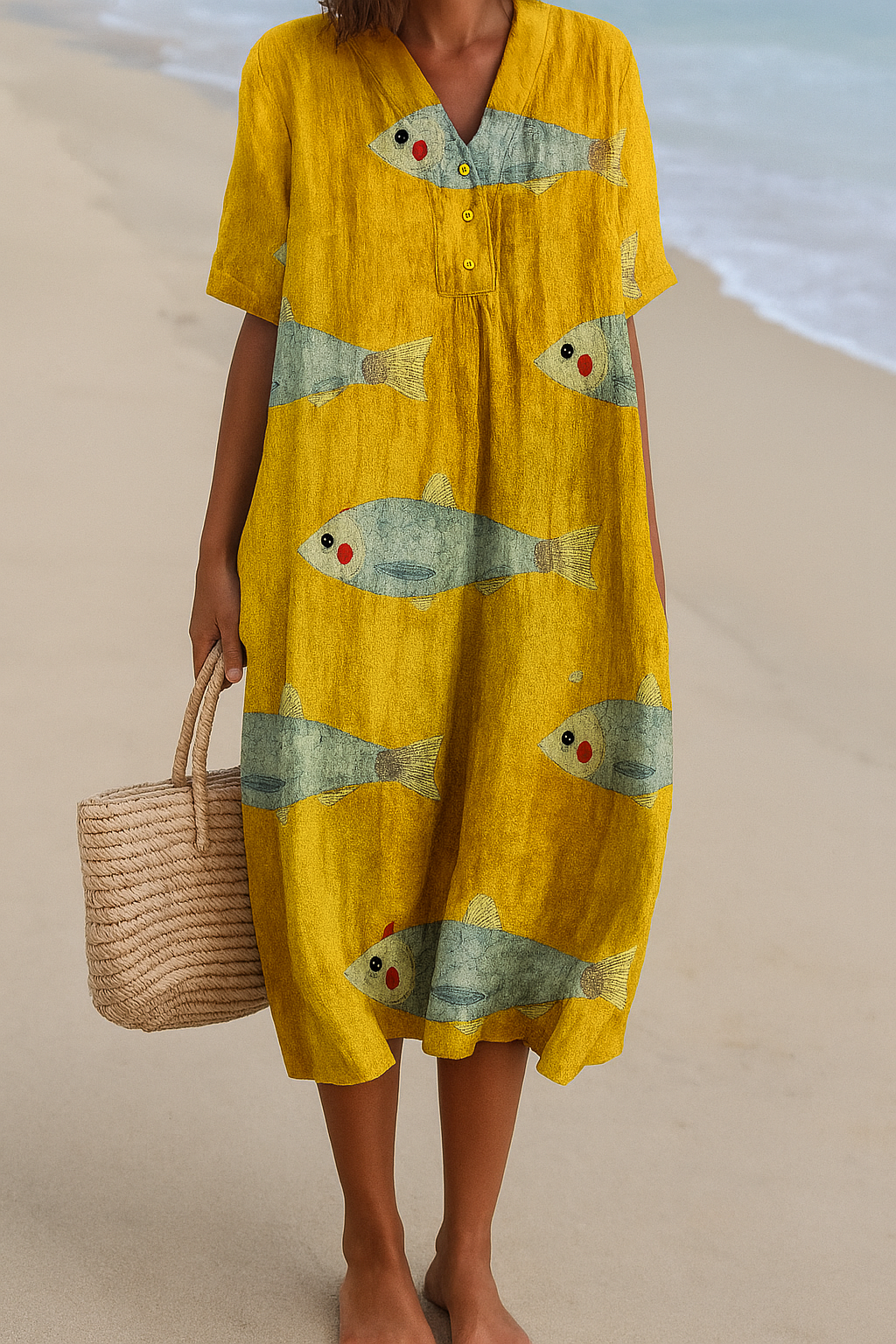 Agnes | Fish Print Balloon-Sleeve Maxi Dress