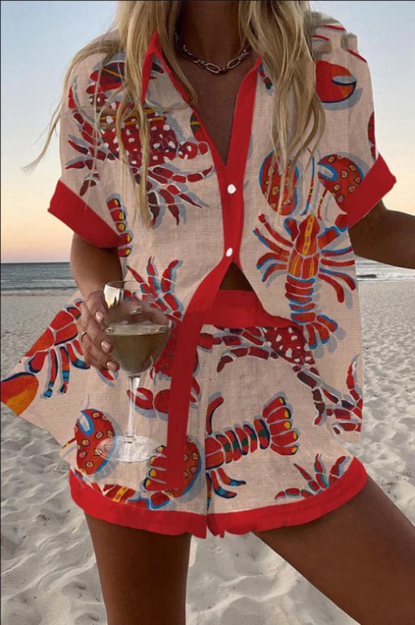 Soleil™ Lobster Print Beach Shirt & Shorts Set