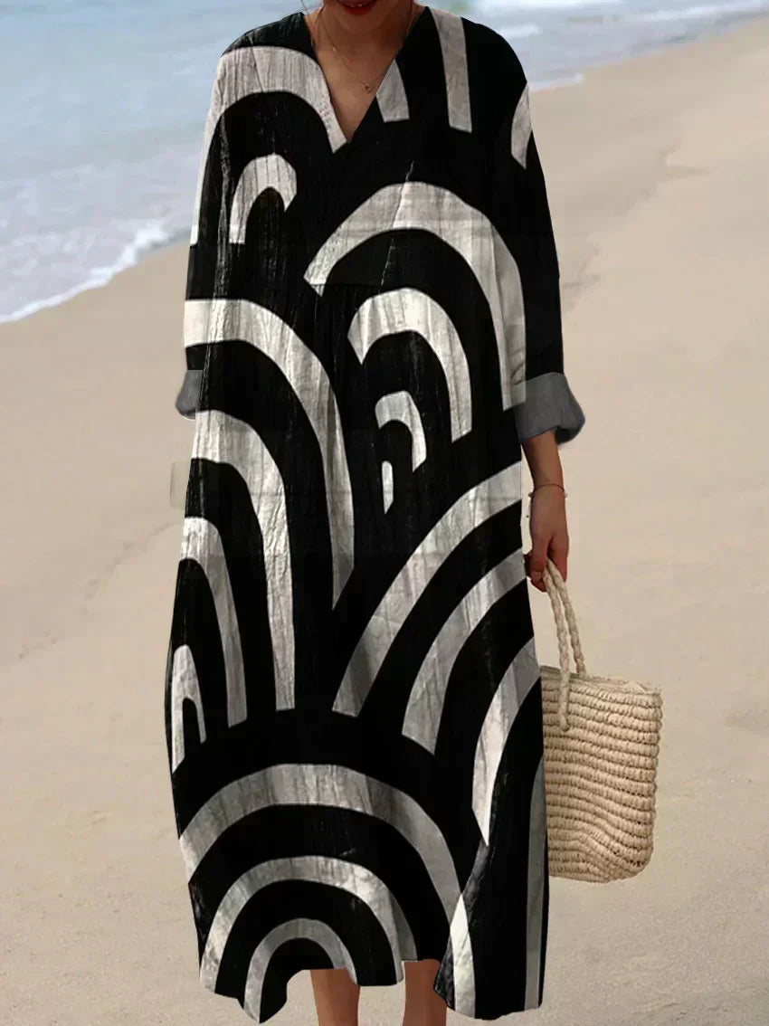Mona | Black & White Wave Art Maxi Dress
