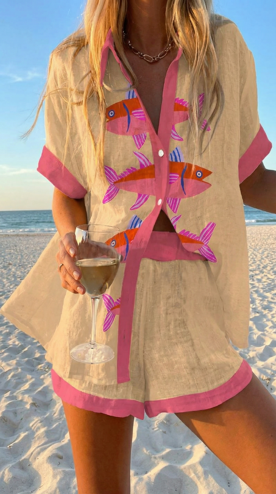 Bianca | Fish Print Beach Shirt & Shorts Set